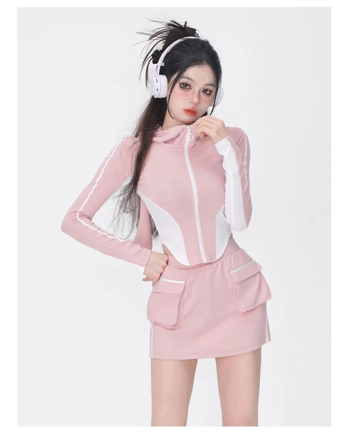 Sports Sweet Girl Pink Gray Sports Casual Suit Korean Fashion Women Autumn Winter Versatile Hooded Jacket Designed Skirts Y2k