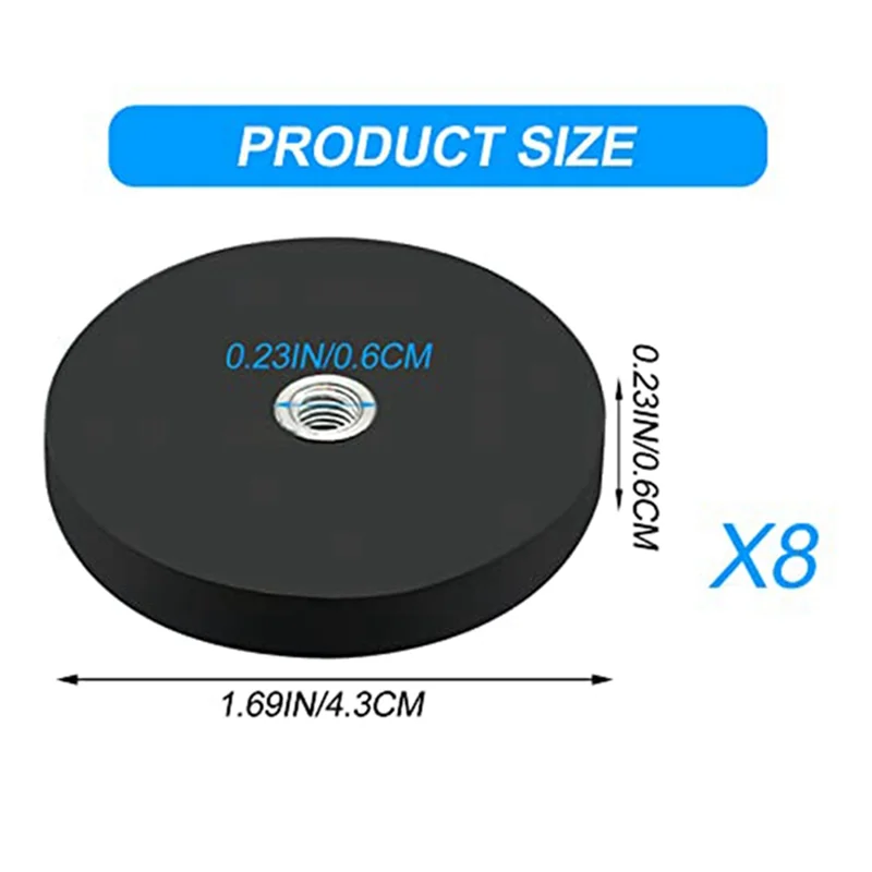 8Pack Rubber Gecoate Magneet Neodymium Magneet Basis Met Rubber Coating Ø 43Mm Anti Kras Magneet M6 Buitendraad Zwart