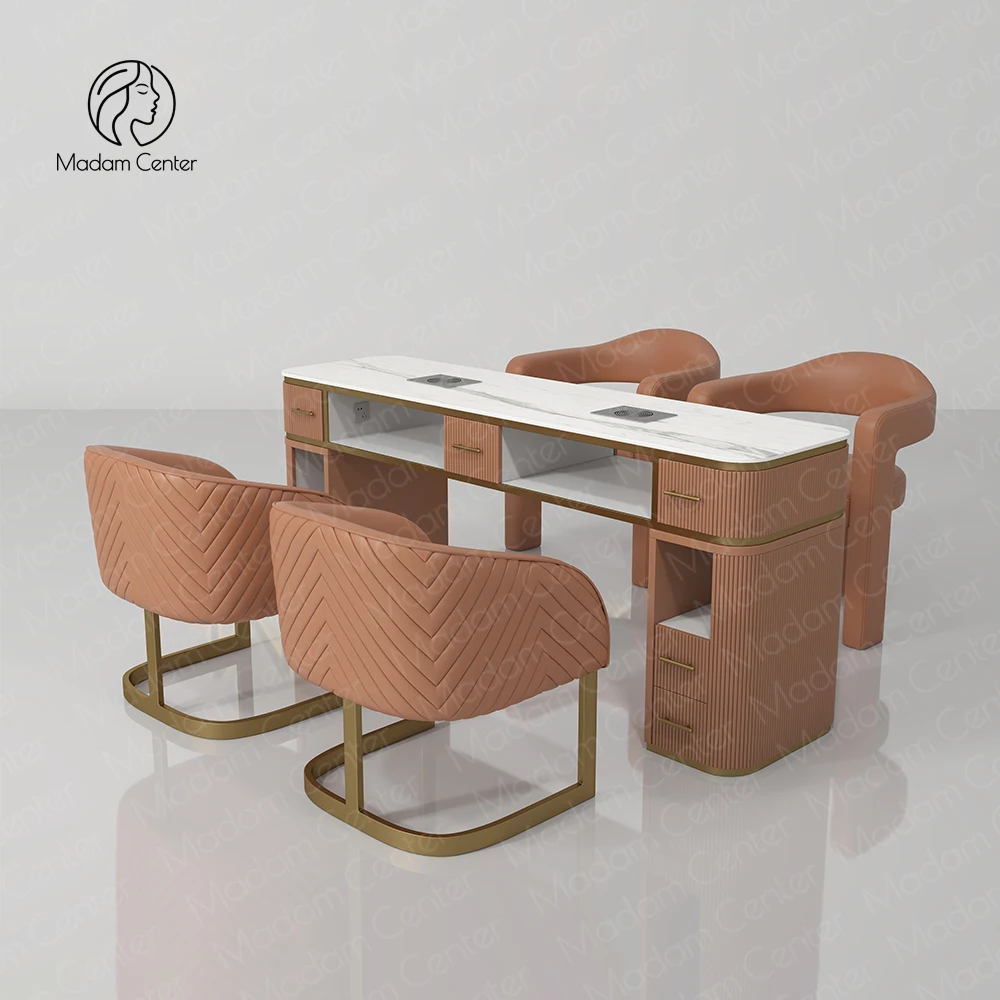 Madamcenter Luxury Modern Manicure Nail Spa Desk Table With Stone Tabletop Double Manicure Chair Set For Salon Furniture