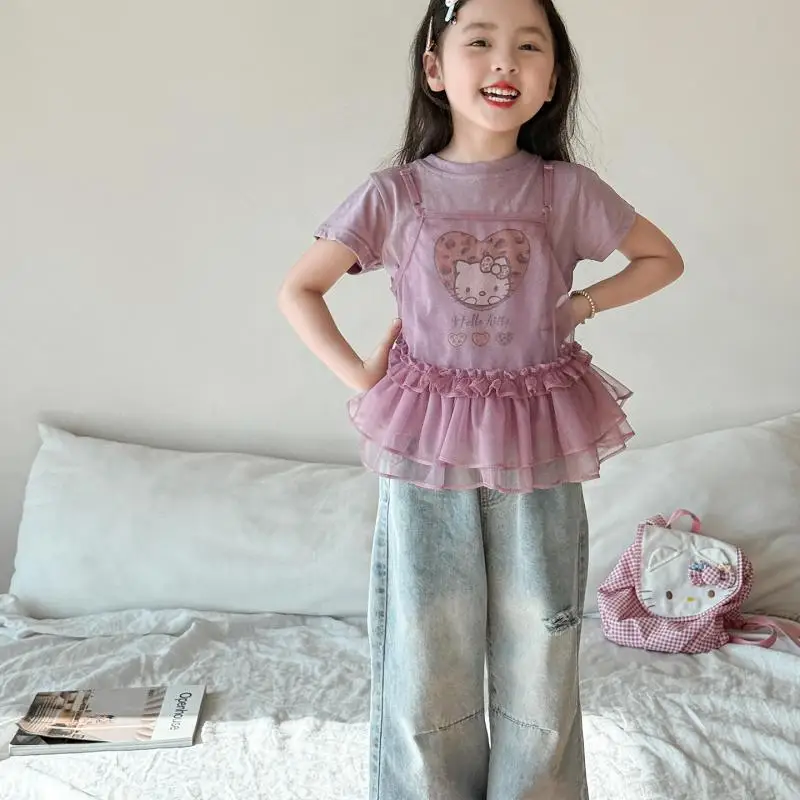 

Sanrio Girl, комплект из хлопкового материала с короткими рукавами, камзол Hello Kitty Kawaii, студенческая футболка, джинсы, комплект из 3 предметов, детская одежда, новинка