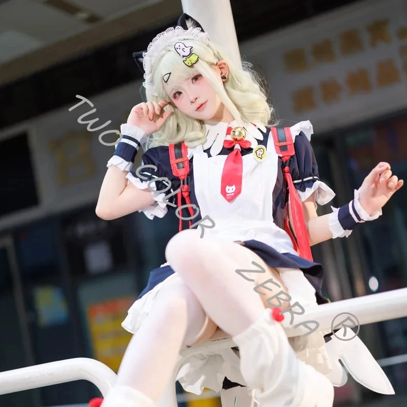 A;3,v;7'd/ZZZ Sunna Cosplay Vestido de Sirvienta Blanco y Azul Marino, Conjunto de Accesorios de Disfraz del Juego Zenless Zone Zero para Halloween Comic Con Pw.3,v;6/b/