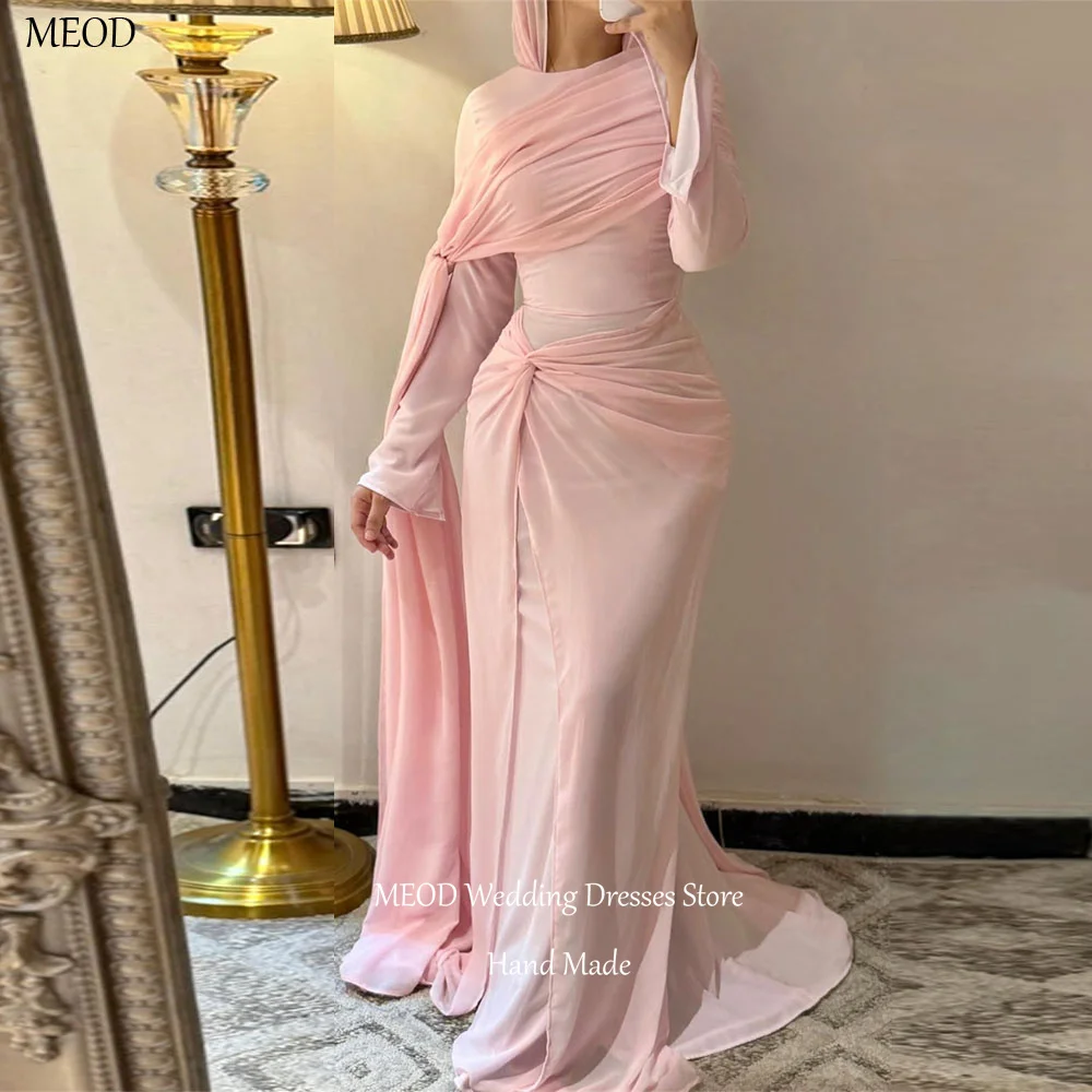 MEOD Dubai Modest Chiffon Abendkleider Meerjungfrau O-Ausschnitt Formelle Ballkleider Lange Schleppe Lange Ärmel Vintage-Kleid Maßgeschneidert