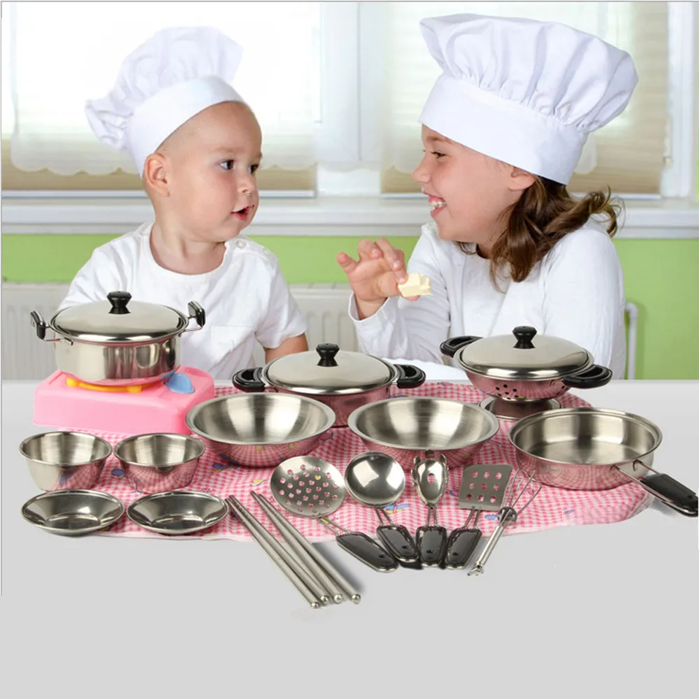 Metal Cooking Toys Safety 304 Stainless steel Pot Pan Dish Kitchen Cookware Pretend Children Indoor Work Baby Food Play Studying