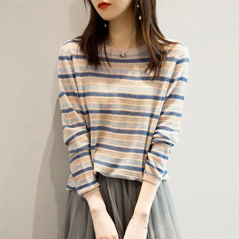 2023 Spring Autumn Women Vintage Striped Hollow Chic Knitwears Korean Fashion Round Neck Long Sleeve Loose Pullover Tops Jumpers