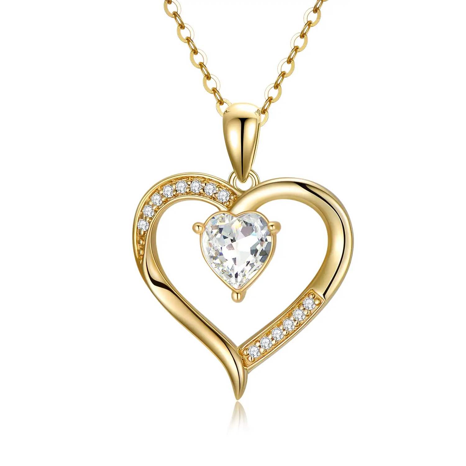 YFN 14K Solid Gold Heart Necklace for Women Dainty Gold Crystal Diamond Love Heart Pendant