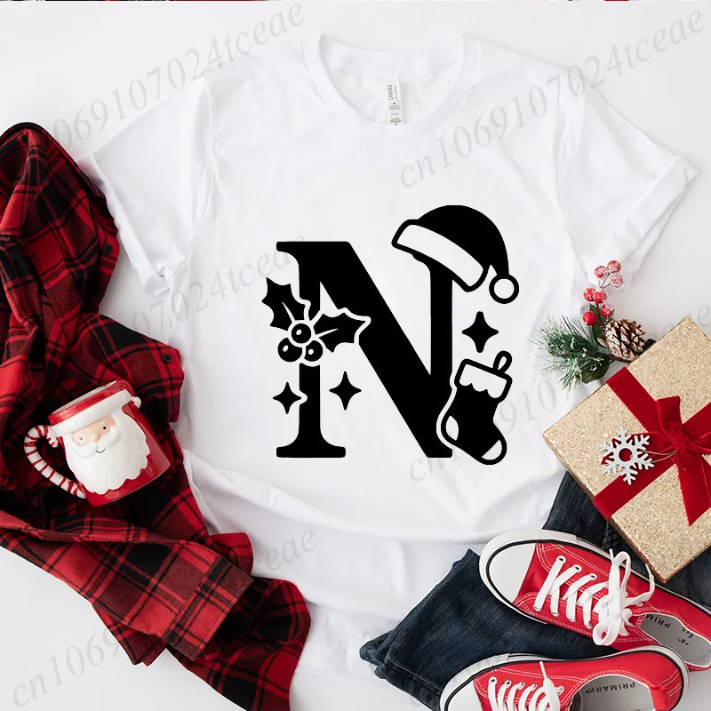 Neue Weihnachten Alphabet T-shirt frauen Mode Weihnachten Brief Drucken Tops Kurzarm T Urlaub Party Kleidung Casual Täglichen Verschleiß