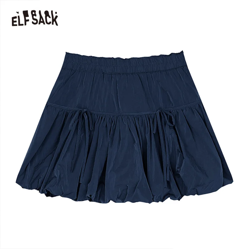 ELFSACK 2024 summer new arrival Dark blue a-line bow bud pleated sweet slim cake skirt for women