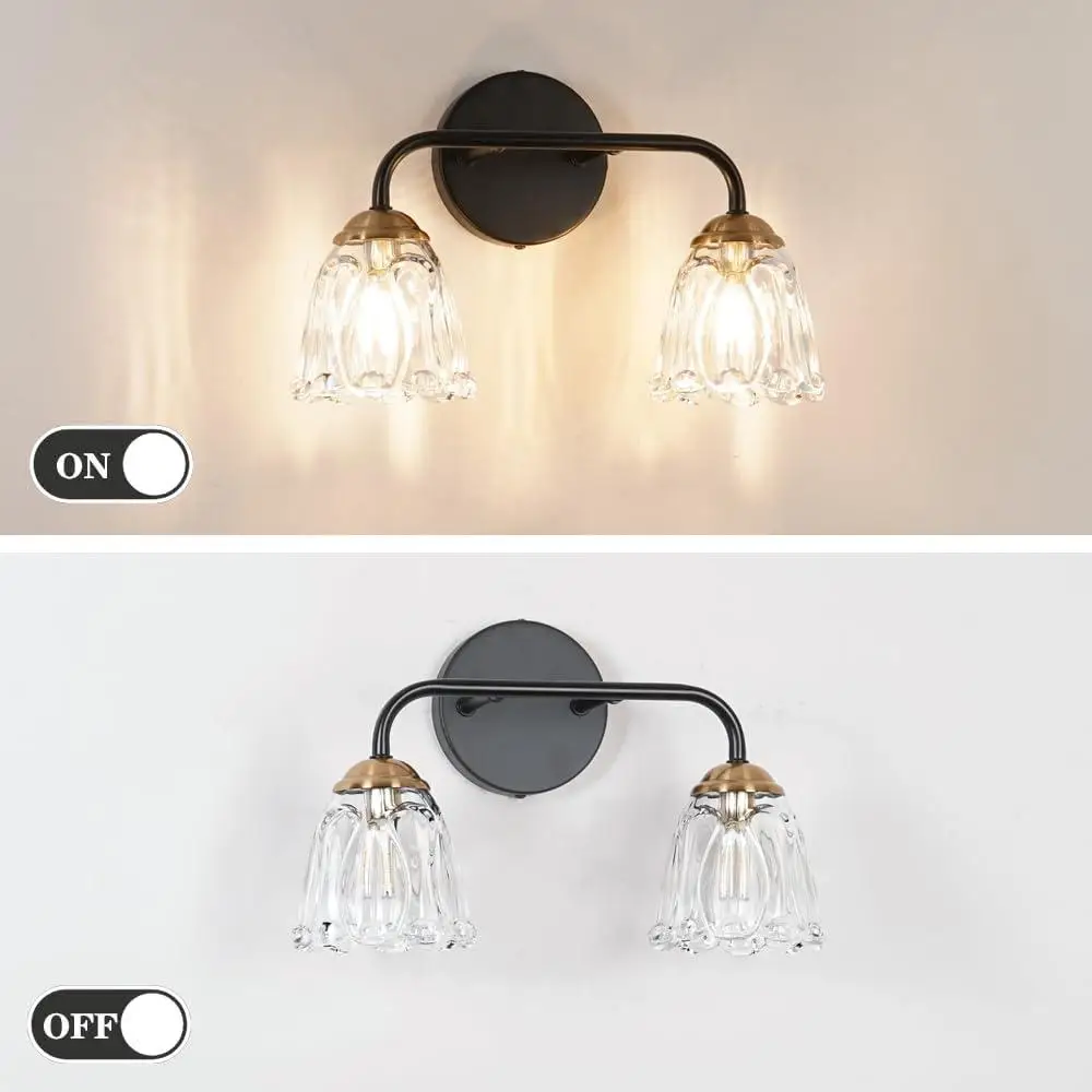 Toeletta da bagno antica a 2 luci, applique da parete in vetro trasparente, oro nero, base in ceramica stile vintage, facile installazione