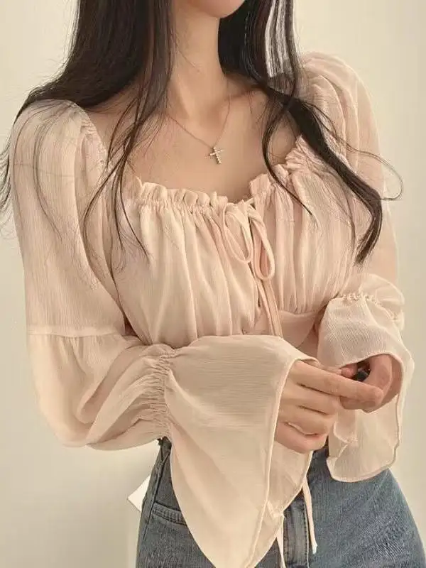 Chic Spring Slim Fit Short Square Collar Bubble Sleeve Ribbon Tie Chiffon Shirt Women's One Shoulder Business Casual Top