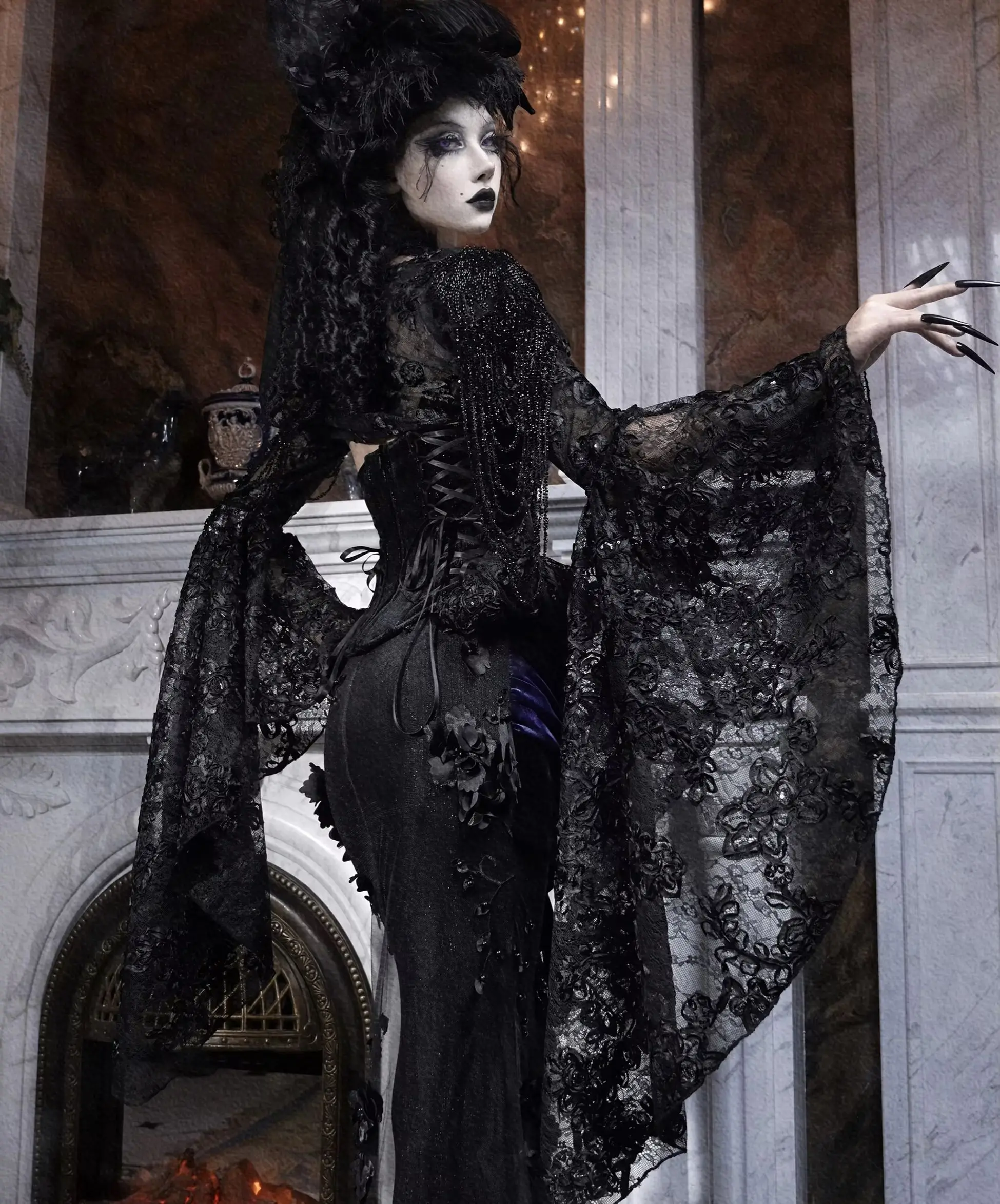 Blood Supply Original Design Death Gothic Luxury Beading Large Flare Sleeve Lace Short Cardigan Halloween Outer Crop Top Black