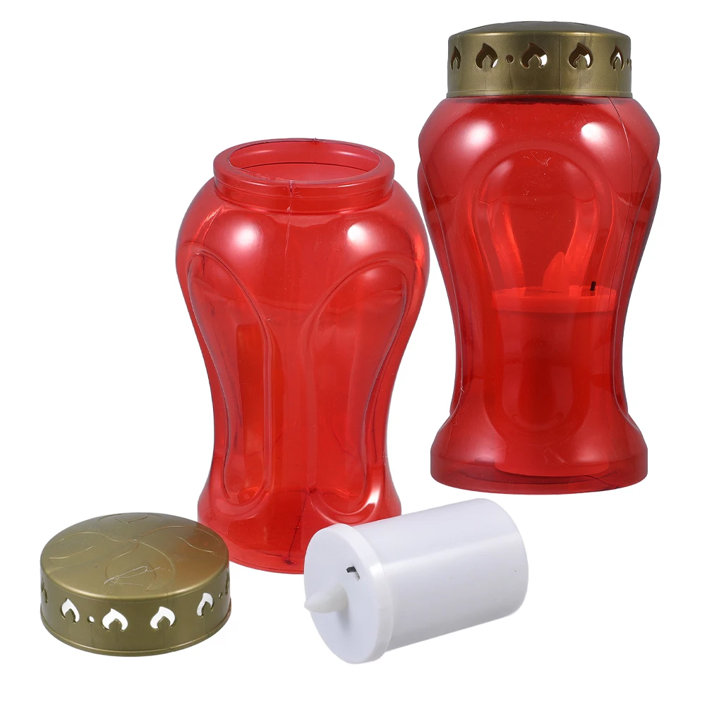 

2 Pcs Electronic Ornaments Glass Holder Cemetery Lantern Shine Decorative Red Candles