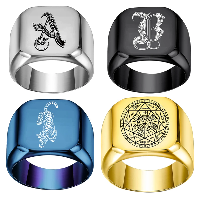 Custom Laser Engraved Name Pattern Portrait Logo Ring For Men Women Stainless Steel Square Ring Personality Family Lover Jewelry