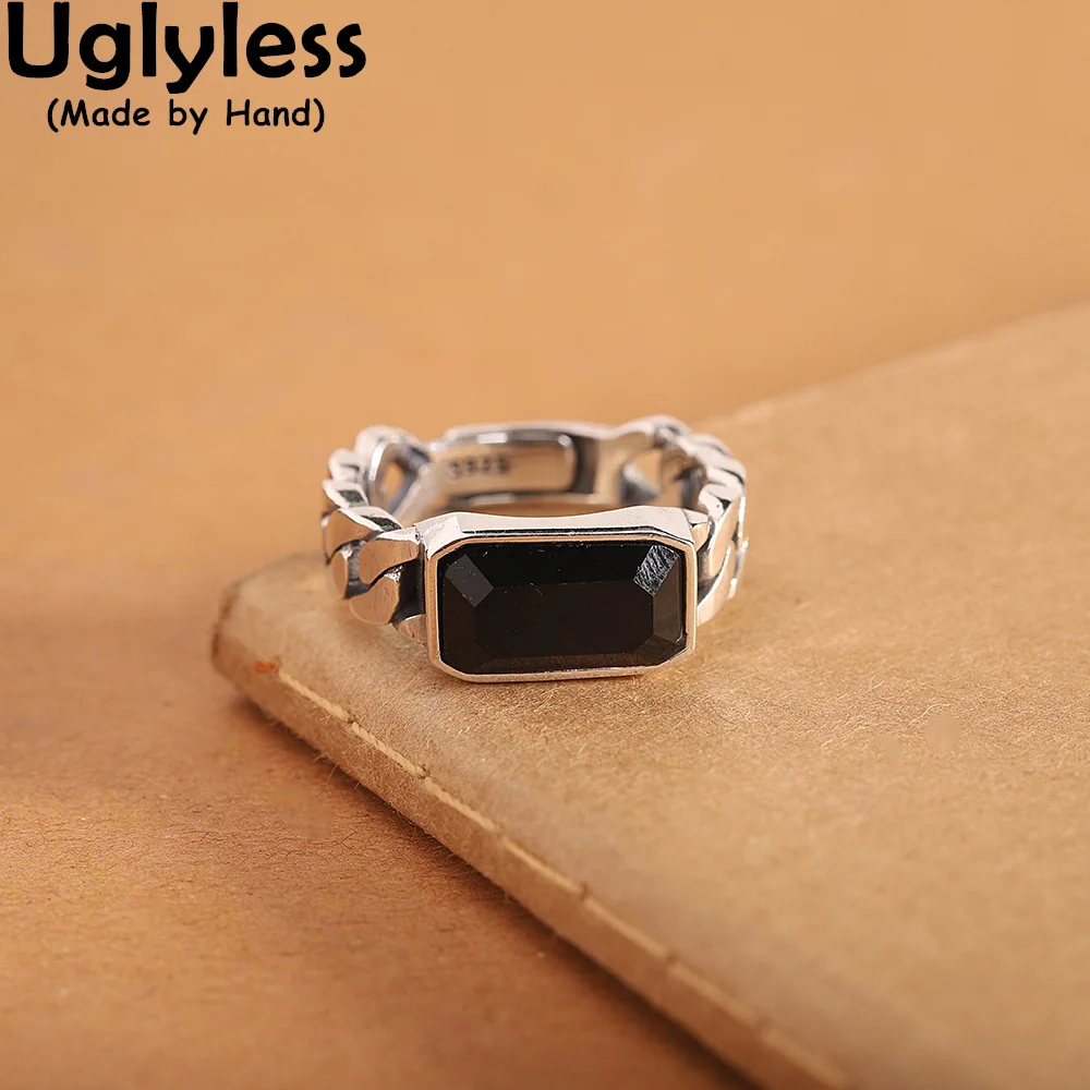 Uglyless Neutral Women Facet Agate Rings Twisted Normcore Jewelry Simple Rectangle Square Rings Geometric Cool Girls Silver Ring