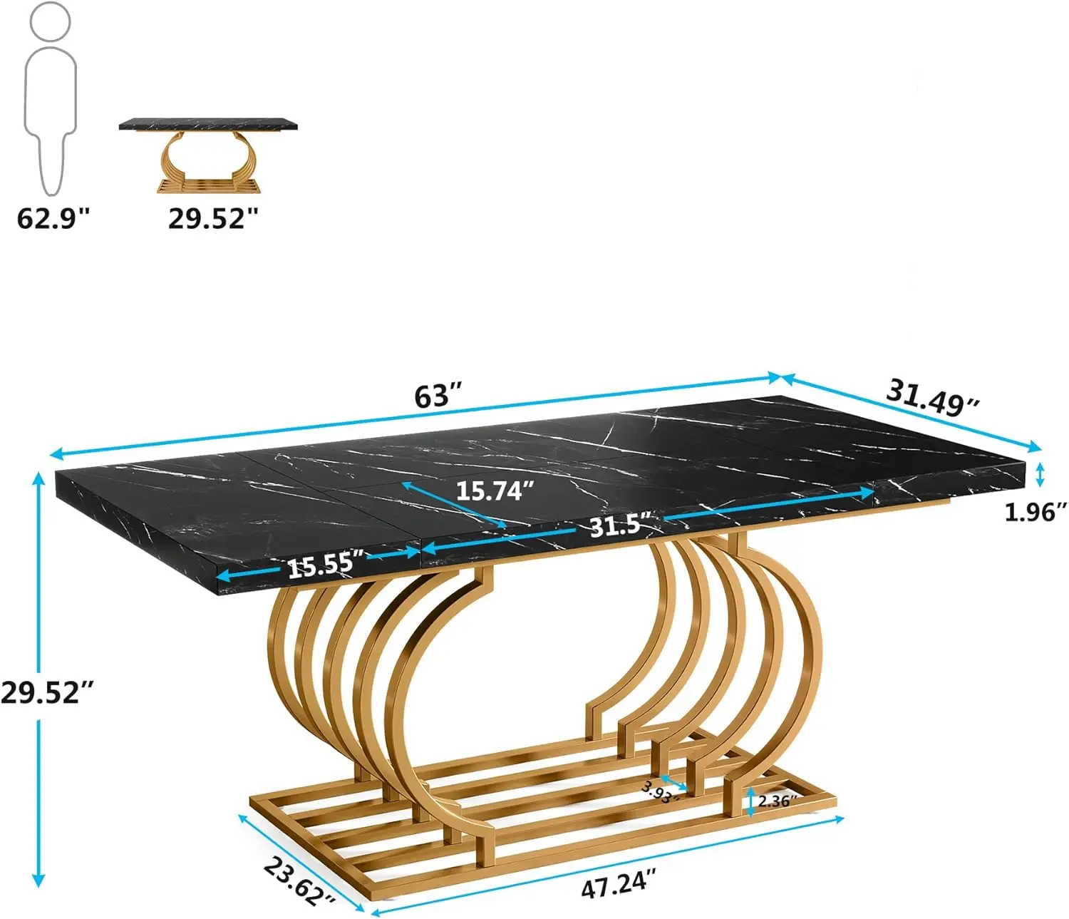 Modern Dining Table, 63 inch Faux Marble Wood Kitchen Table for 6 People, Rectangular Dinner Room Table with Geometric Frame for