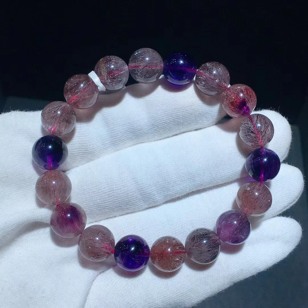 

11.6mm Natural Colorful Super 7 Seven Red Lepidocrocite Quartz Bracelet Jewelry Woman Rutilated Quartz Clear Beads AAAAAAA