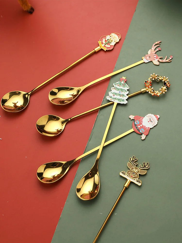 Christmas Party Coffee Spoons 410 304 Stainless Steel 4 Pieces 6pcs Set Gift Packing Cartoon Santa Claus Printed Nordic Style