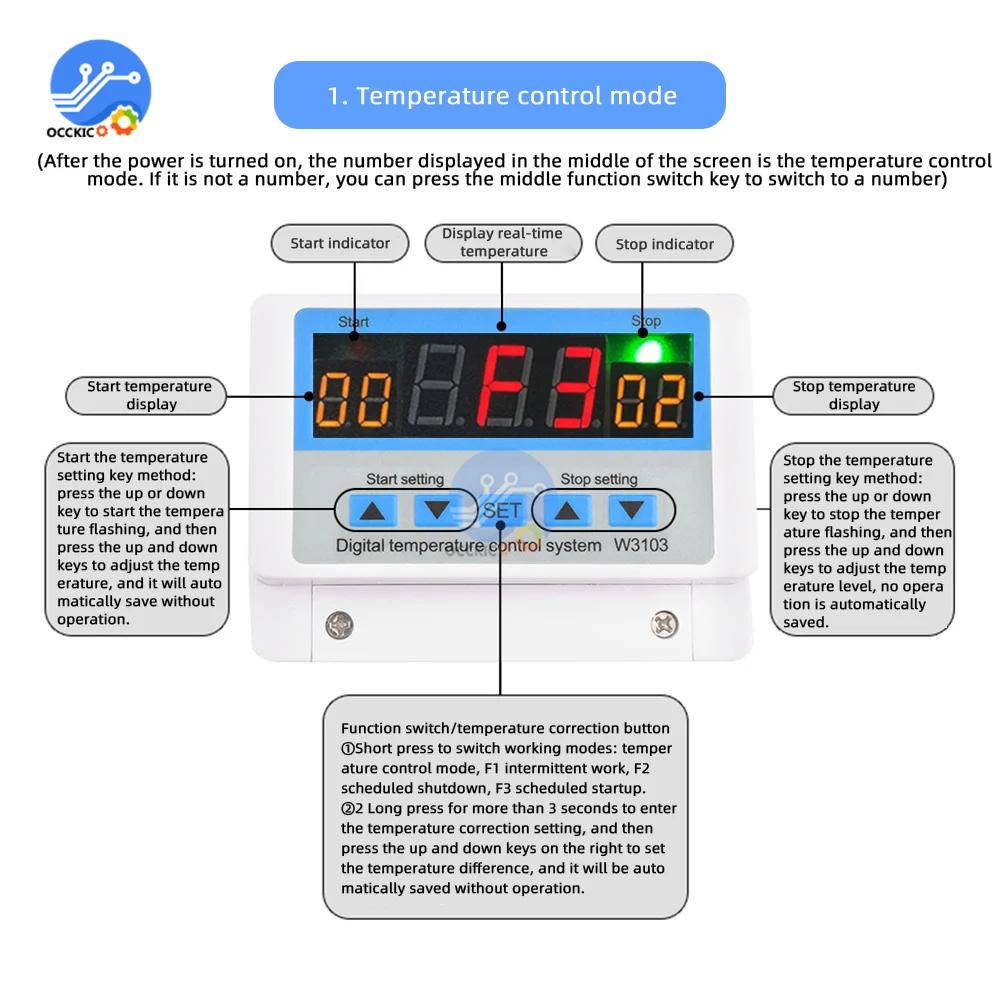 W3103 Digital Thermostat 12V 300W 24V 600W 220V 5000W 30A High-power Wall-mounted Temperature Controller Switch