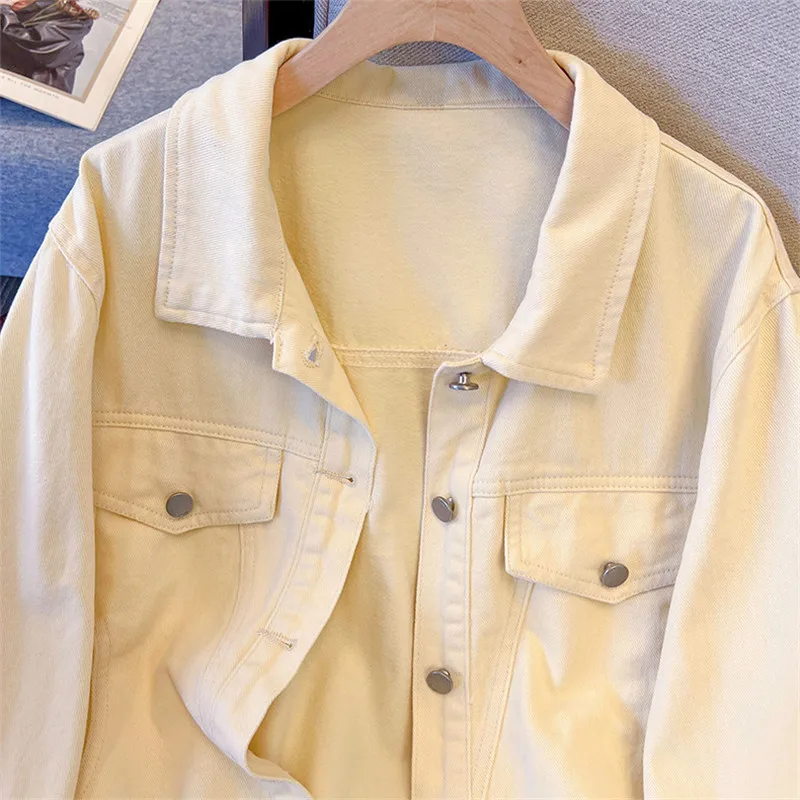 

Korean Light Yellow Denim Jacket Autumn New Women Slim Short Cowboy Outerwear Lapel Long Sleeve Jeans Jacket Coat Chaqueta Mujer