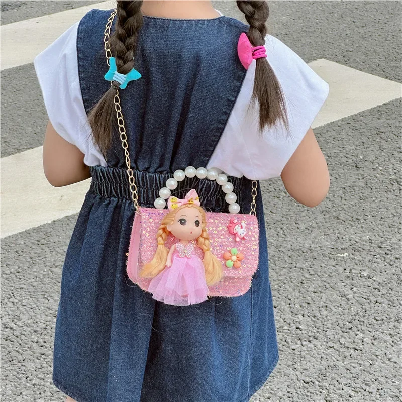 Cute Cartoon Doll Children\'s Shoulder Bags Fashion Pearl Handle Princess Girl Messenger Bag Sweet Novel Kid Change Purse Handbag