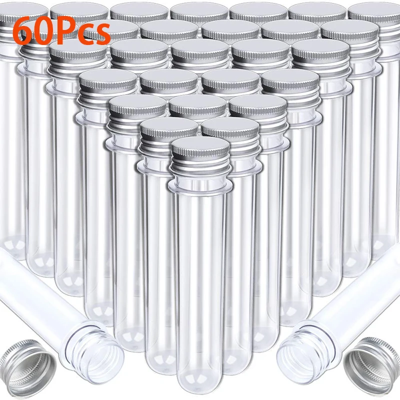 60Pcs 23x140mm(40ml) Clear Plastic Test Tube with Caps for Salt Container Bath Salts Classroom Supplies Storage Container