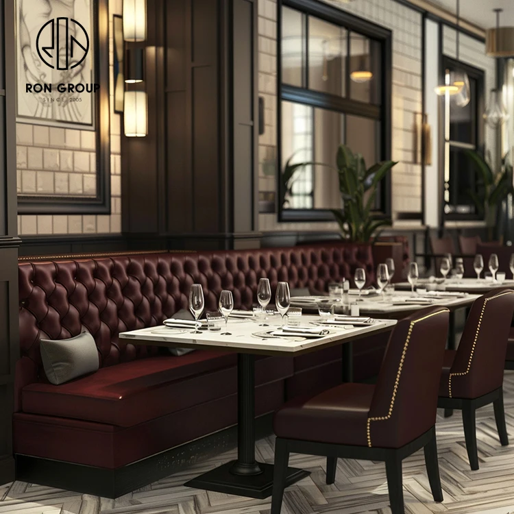 Ron Group Hotel Furniture Restaurant Square Marble Table With Booth Leather High Back Chair Set Dark Red Tufted Booth Seating