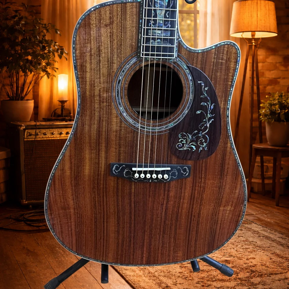 Hot Selling Dark Brown Koa D45 With Missing Corners Ebony Fingerboard Acoustic Guitar with Large Vase Design Solid Top 6 Strings Gift Friendly