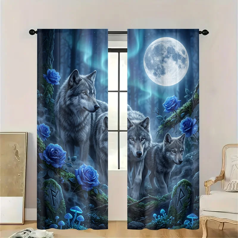 Fantasy Forest Wolf Moon Curtains Blue Roses Semi Sheer Window Drapes Magical Mystic Nature Scene Privacy Room Decor Curtain Pan