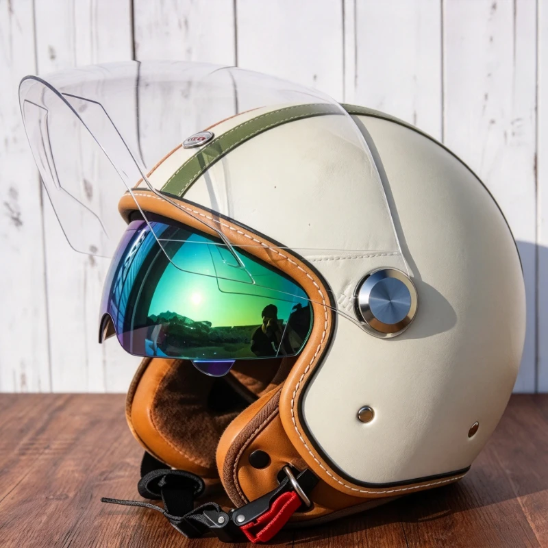 Double Stripe Original Motorcycle Helmet Men Lightweight Moto Biker Open Face Helmet Motorcyclist Helmet Retro and Safety