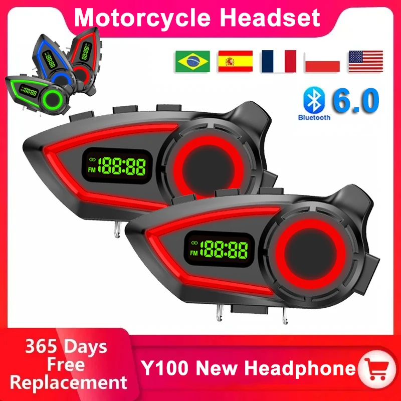 Y100 Bluetooth 6.0 Motorcycle Helmet Headset Headphone Wireless Motobike Handsfree Stereo Earphone Speaker Noise Reduction