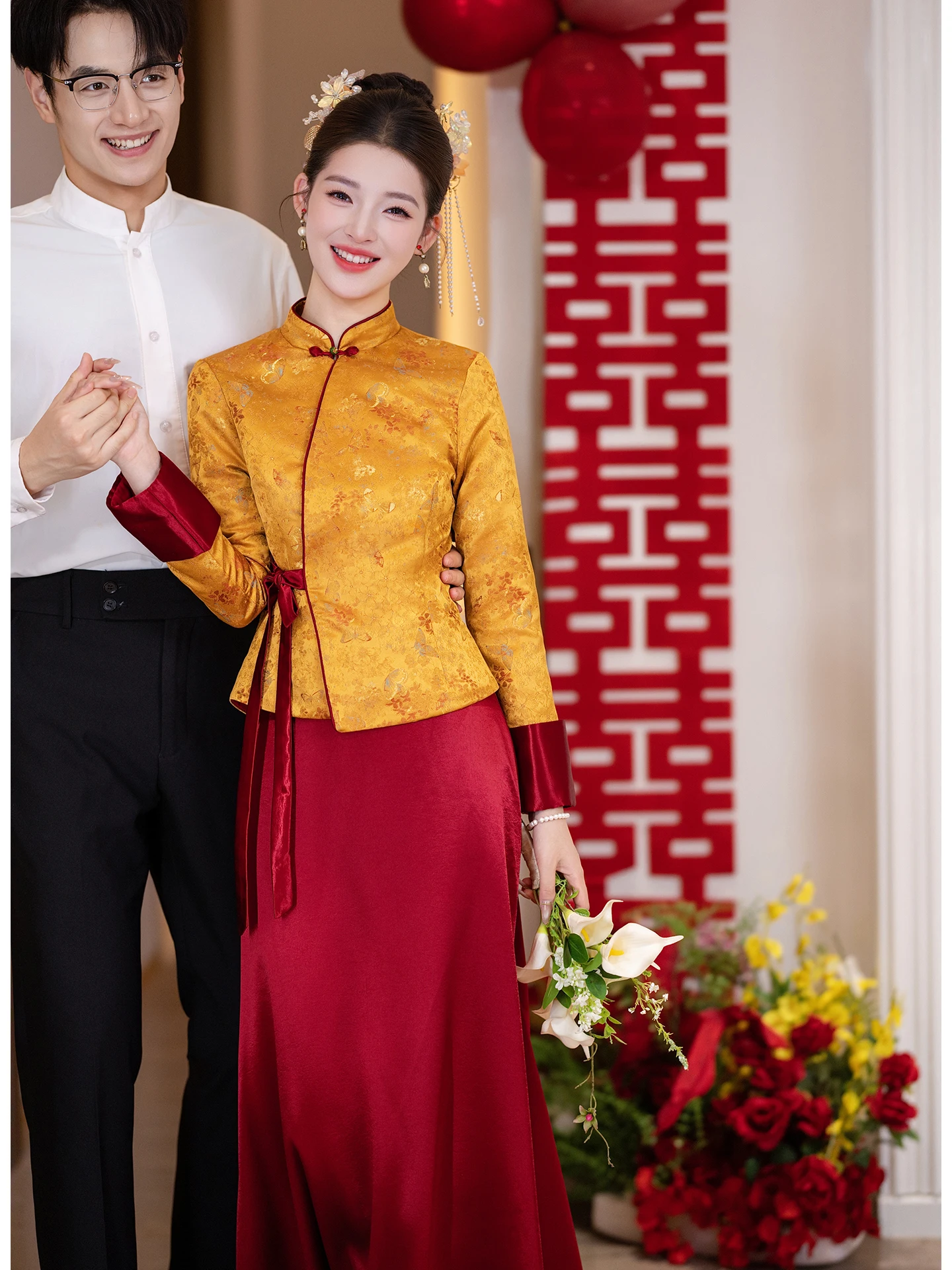 

New Chinese Sle Long Sve Wedding Dr Set Women's Return Home Casual Wear Autumn Winter Engagement Small Gift Skirt