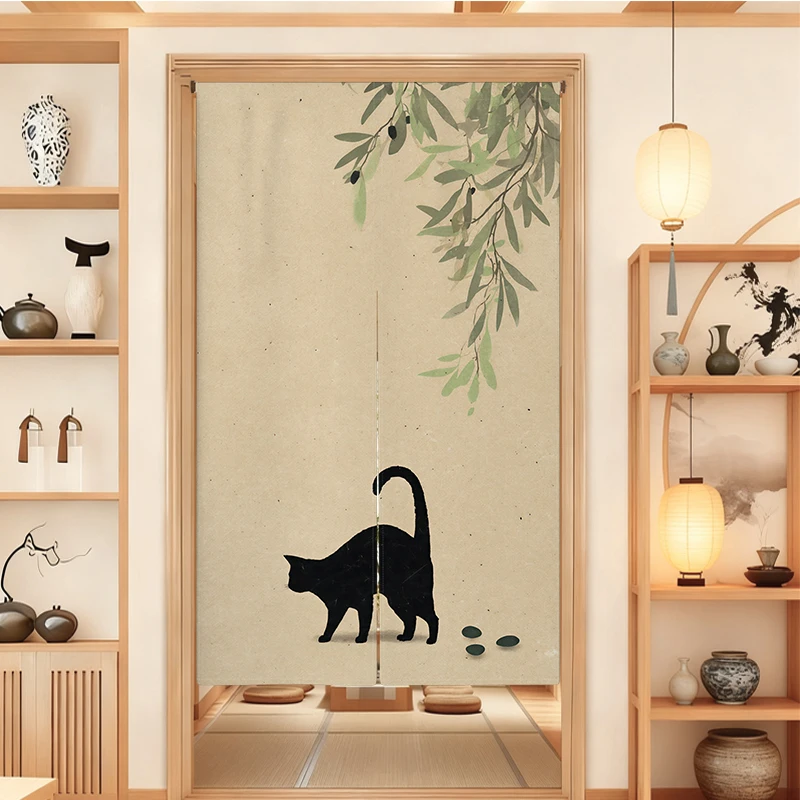 ستارة باب يابانية على شكل قطة سوداء ستارة نورين ريفي للمطبخ وغرفة الطعام ستارة نصف ستارة فاصل للمدخل #3