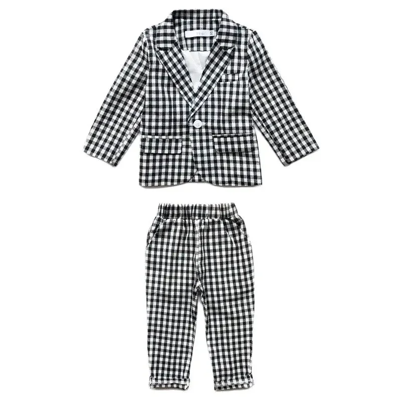 Formal Baby Child Plaid Dress Suit Set Spring Autumn Flower Boys Wedding Party Performace Costume Kids Blazer Pants Clothes