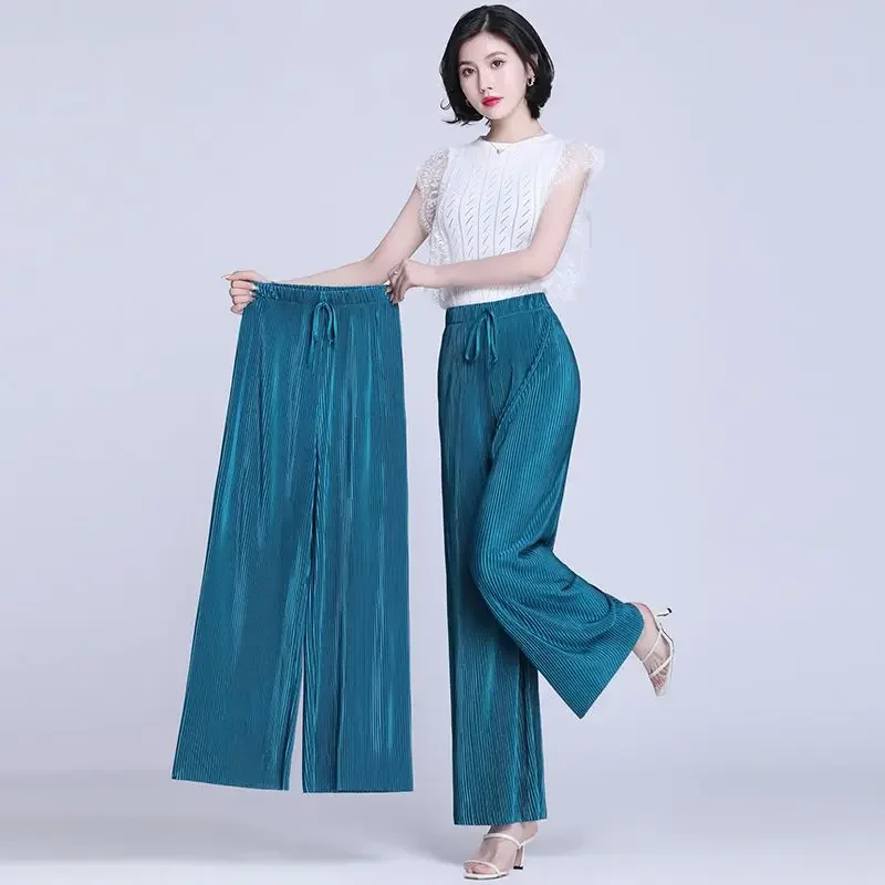 Moda plissada calças de perna larga para mulheres primavera e verão harajuku casual rendas até cintura alta elástica perna reta pants2015