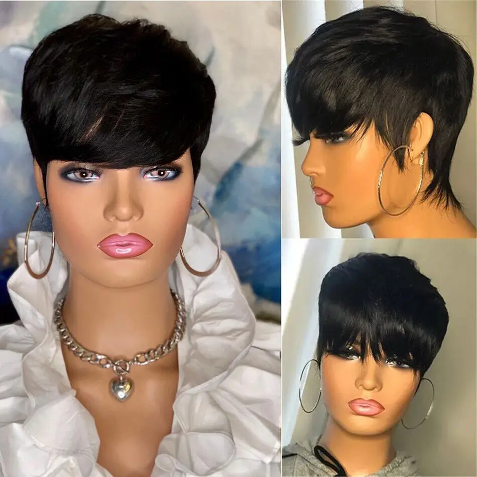 Pixie-Cut-Perücken für Damen, Echthaar, kurze Bob-Perücke mit Pony, geschichtete Pixie-Cut-Perücke, 9A brasilianisches Echthaar, vollständig maschinell gefertigte Perücke – Detail 3