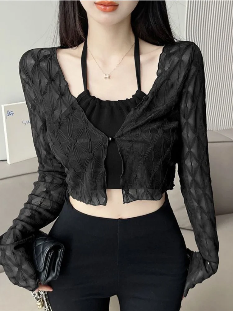 Sheer Shirts Women Summer Sun-proof Korean Style Slim Thin Hotsweet Fashion Ulzzang Ladies Temperament V-neck Simple All-match