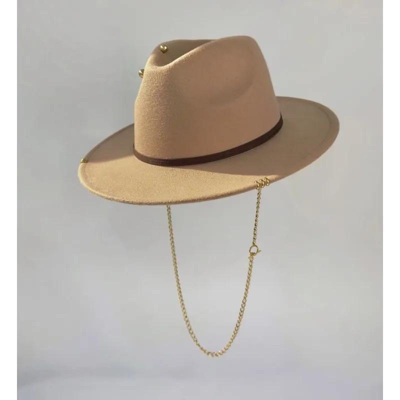 Autumn Winter Pointed Felt Fedora Hat with Chain Vintage British Style Cap Women
