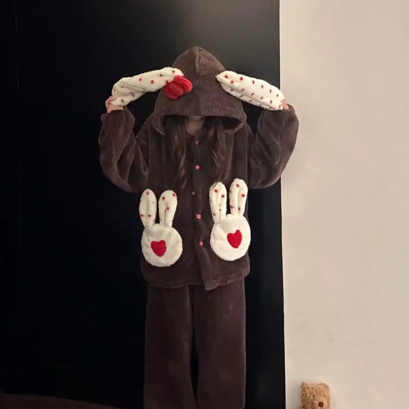 

Kawaii женские пижамы осень-зима коралловый флисовый пижамный комплект фланелевая теплая одежда для сна утепленная ночная рубашка новая милая домашняя одежда для девочек