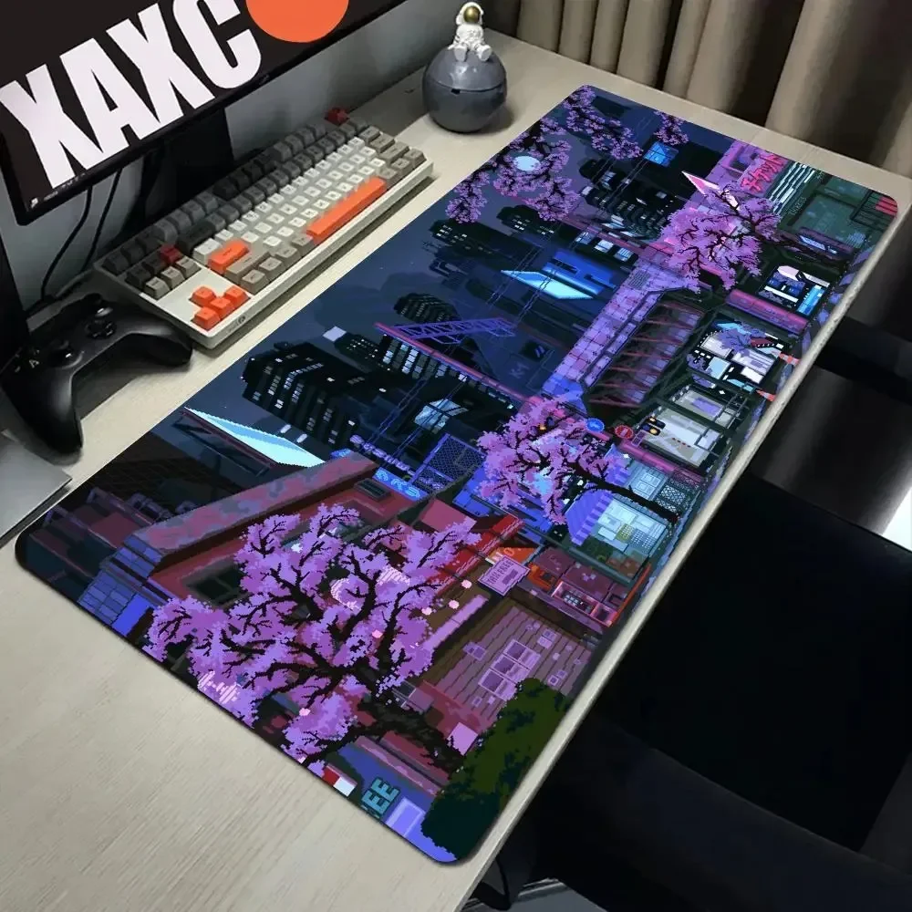 Retro Vaporwave HD Mousepad Neon Tokyo Street Pixel Art Purple Japan Anime Skyline City Desk Mat XXL Gaming Mouse Pad