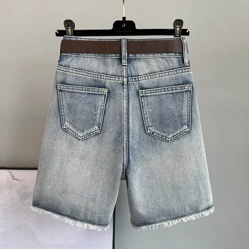 Ripped Denim Shorts for Women Summer Thin High Waisted Hot Pants 2026 New Light Blue Printed Letters Mid Length Short