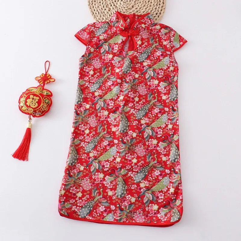 New Year Red Qipao Summer Dress Girls Fragmented Flower Clothes Girls Retro Classical Chinese Style Print Button Dresses 80-150