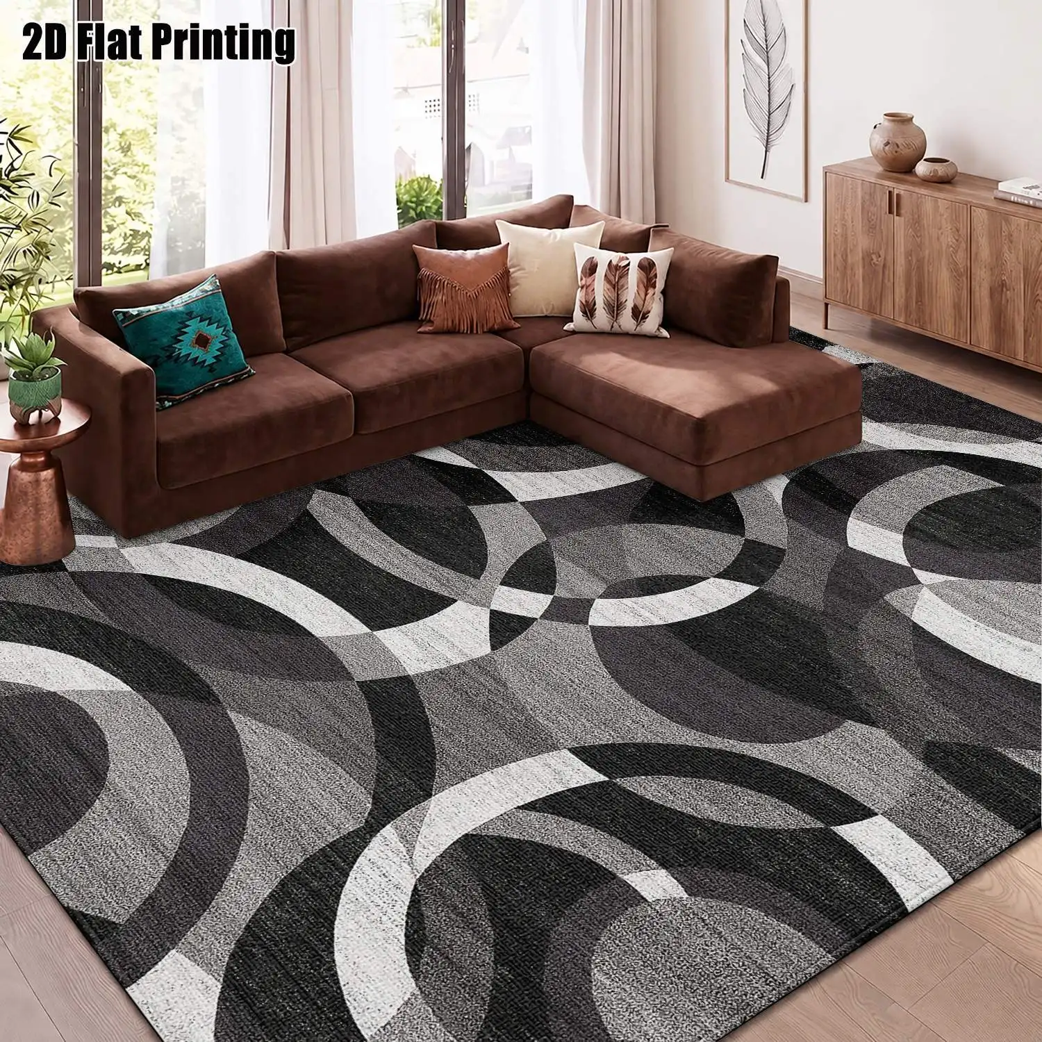 1Pc 2D Printed Black White Geometric Ring Pattern Nordic Carpet, Instagram-Inspired Modern Minimalist Abstract Art Floor Mat, Multi-Size Machine Washable Home Decor for Entrance, Dining, Foyer, Bedroom, Living Room