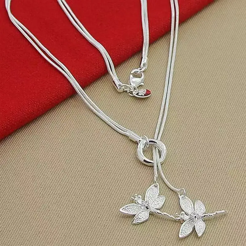 925 Sterling Silver Two Dragonfly Pendant Necklace For Women Snake Chain Necklace Wedding Engagement Jewelry