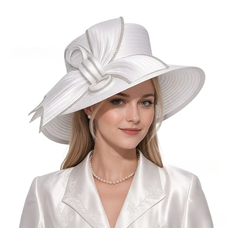 2026 New Women's Elegant Luxury Satin Cloth Church Hats Deluxe Unique Photography Wedding Hat Fascinator Top Hat Female