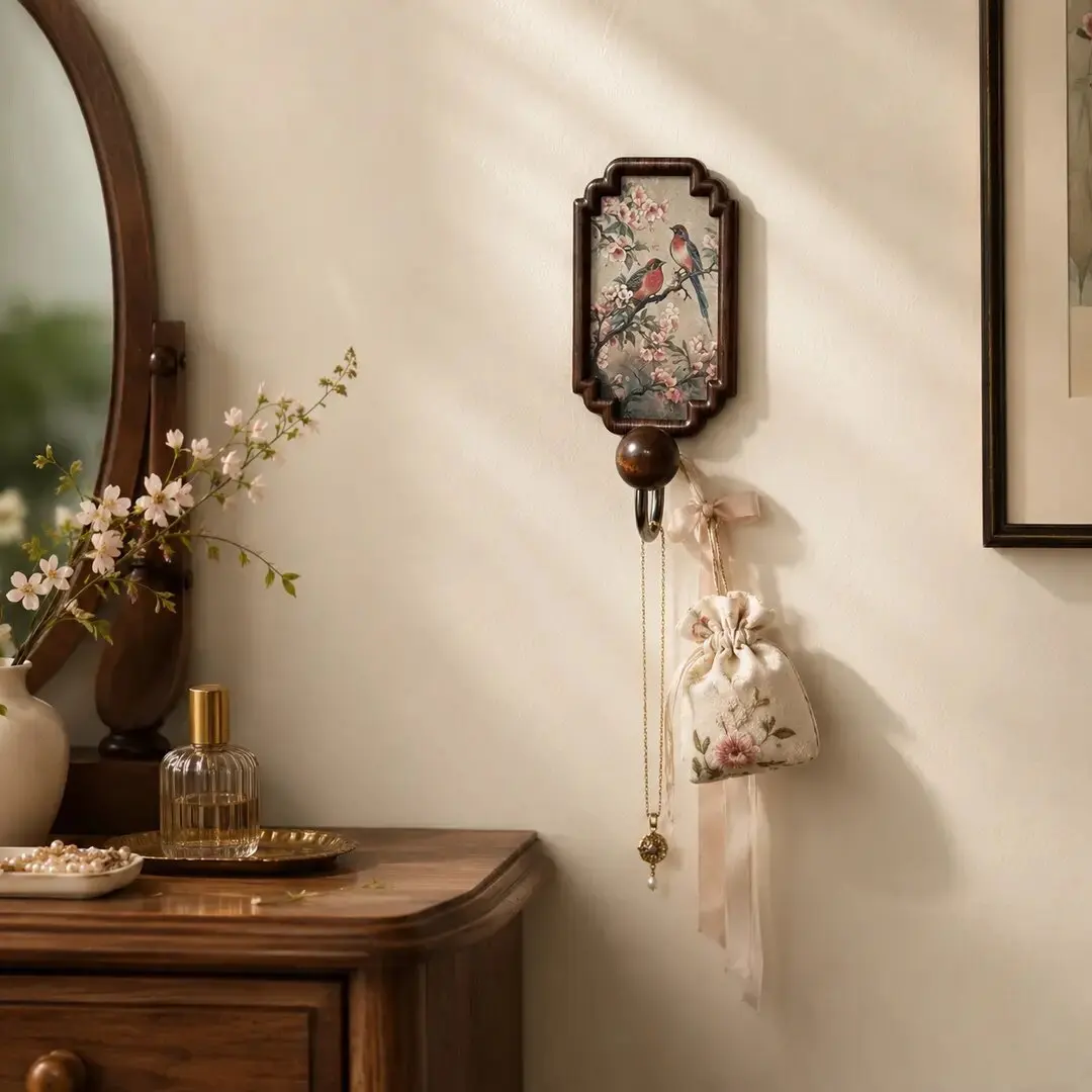 Wooden Wall Hook No Punch Adhesive Coat Hook Vintage Ink Painting Decorative Hook Key Hat Bag Towel Hanger Entryway Wall Decor