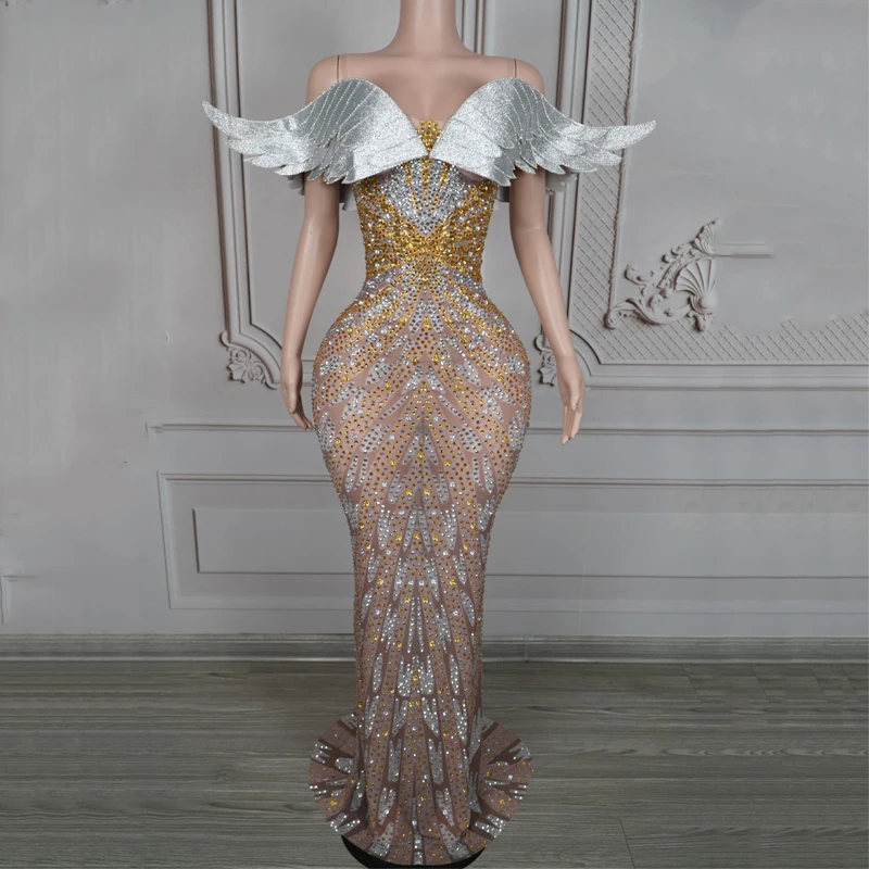 

Модное платье для бальных танцев, женское вечернее платье со стразами и летящими плечами, сценический праздничный наряд, праздничная одежда XS9761