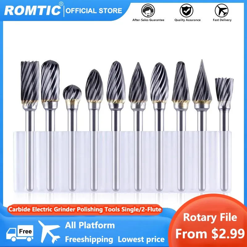 

ROMTIC Carbide Electric Grinder Polishing Tools Single/2-Flute File Grinding Head Reaming Electric Rotary Drill Bits