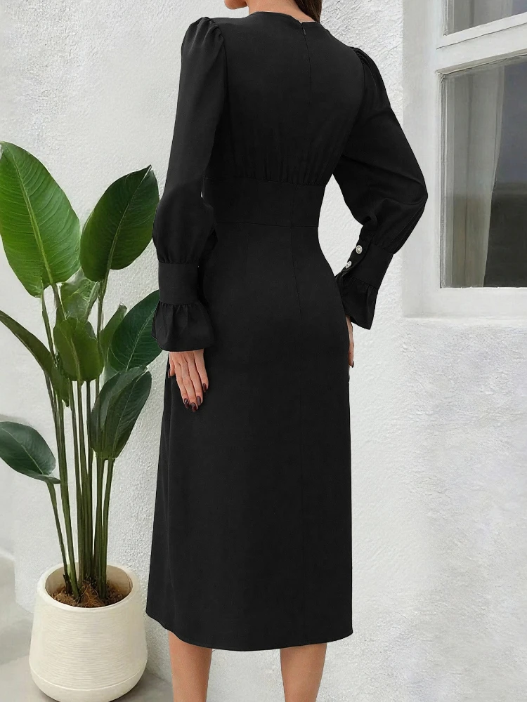 2025 Sexy Elegante V-hals Shirt Jurk Vrouwen Herfst Casual Lange Mouw Slim Fit Kantoor Dagelijkse Slijtage Chic Fall Flowy Jurken