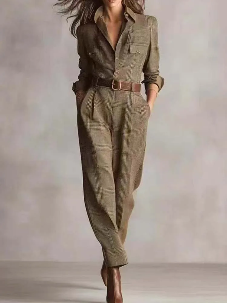 

Autumn Long Sleeved Waist Cinching Threaded jacquard Vintage Women's Emperament Button Lapel Slim Fit Ankle Jumpsuit Vacation