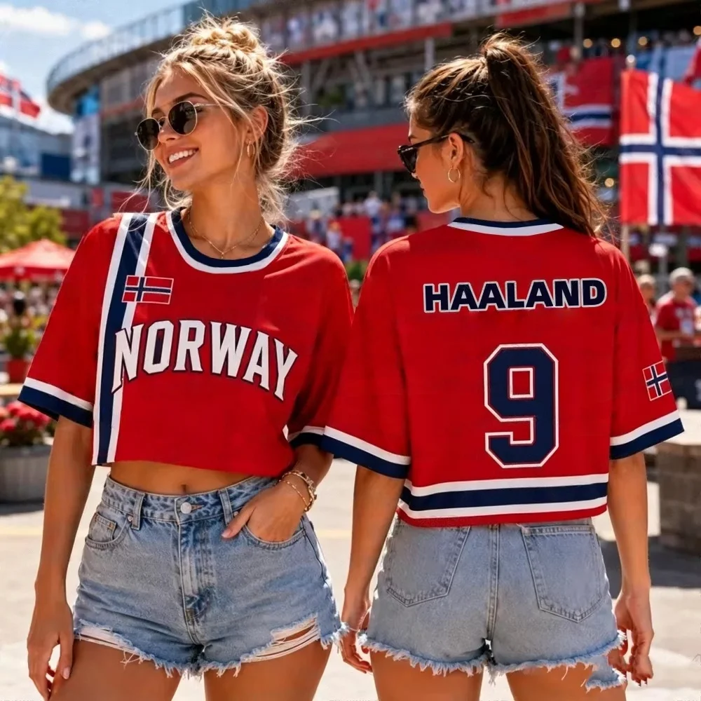 Summer 2026 New Women's Soccer Jersey Short Sleeve Jersey Norway Flag NO.9 HAALAND Print Cheerleaders Crop Top T-shirt