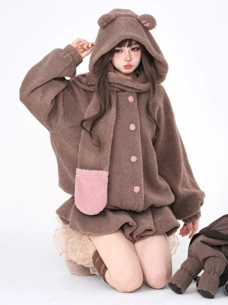 Winter Warm Kawaii Two-piece Set Women Wool Korean Elegant Skirt Suit 2024 Japanese Sweet Hooded Coat + Lolita Party Mini Skirt